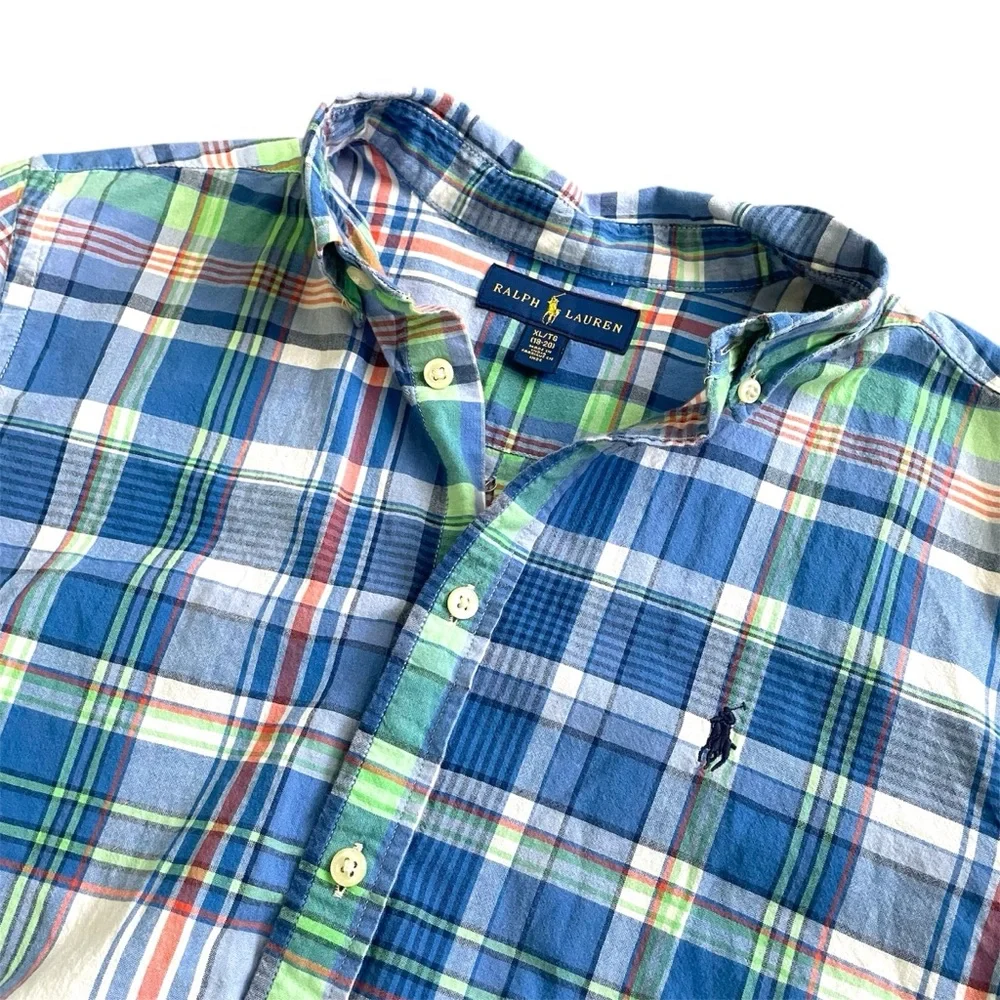 Ralph Lauren Boys XL 18-20 Blue Green Plaid Short Sleeve Button Down Shirt Pony